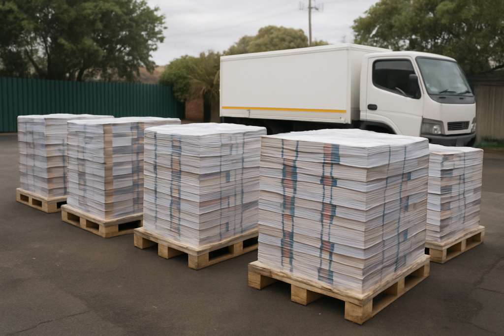Large pallets of printed marketing materials stacked outdoors next to delivery truck — bulk print distribution across South Africa by Print It ZA